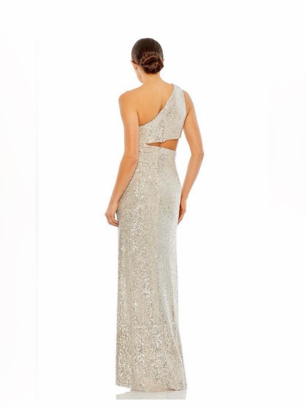 Mac Duggal Silver One-Shoulder Sequin Cutout Gown with Thigh Slit - Picture 3 of 3